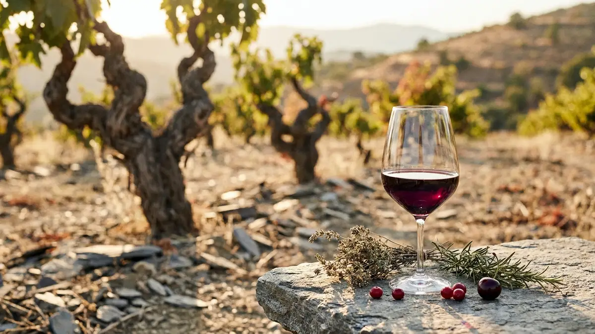 A glass of deep ruby Carignan wine on a rustic stone table with old gnarled bush vines and dried Mediterranean herbs in soft focus behind