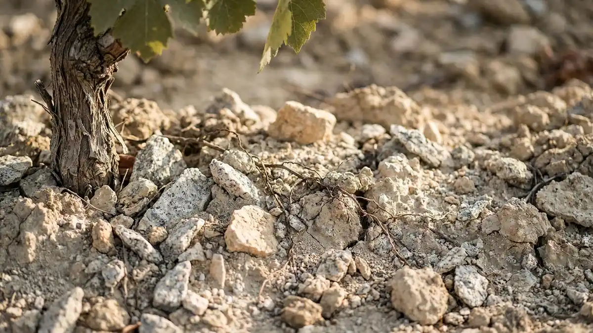 Close-up of pale, rocky granitic soil with small vine roots visible at the surface in natural daylight