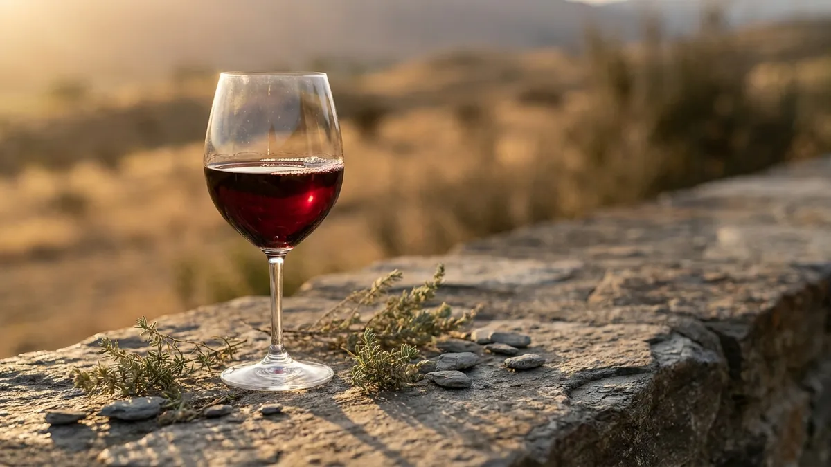 Glass of deep ruby Central Otago Pinot Noir resting on a stone ledge with dry thyme-covered hills behind