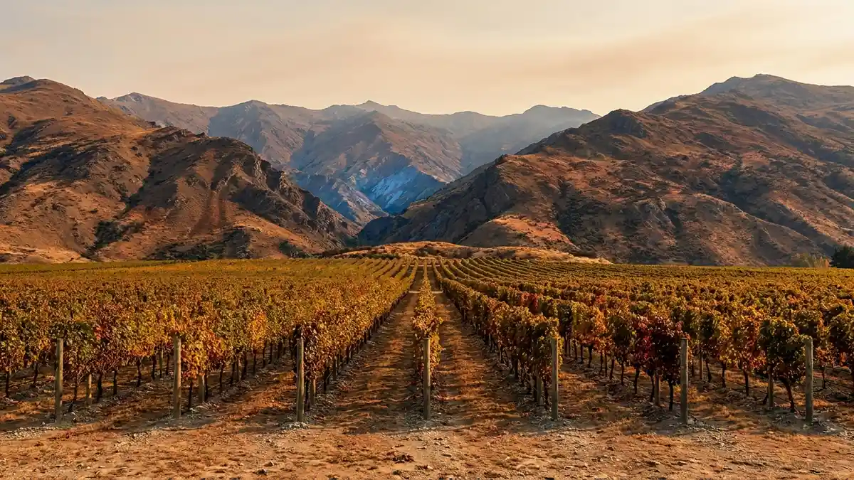 Central Otago vineyard rows in autumn beneath rugged brown schist mountains near Queenstown at golden hour