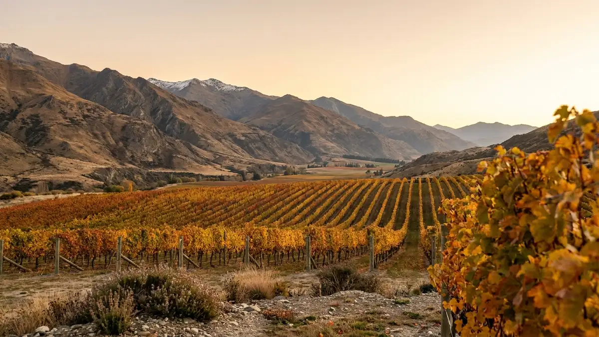 Central Otago vineyard in autumn with golden vines below dramatic brown schist mountains near Queenstown, New Zealand