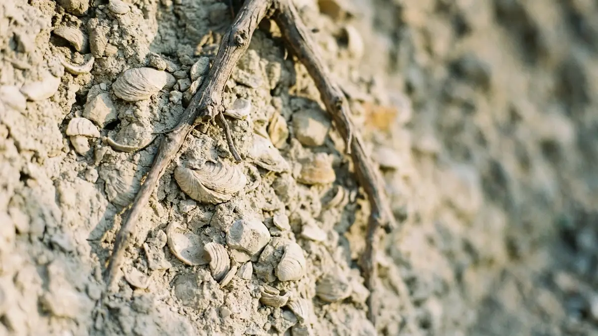 A stylized cross-section of a Chablis hillside showing pale, fossil-flecked Kimmeridgian limestone soil under a row of vines