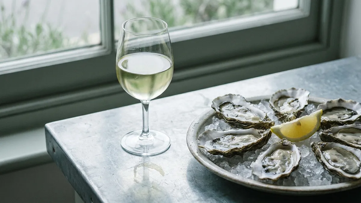 A pale, lemon-gold glass of Chablis catching cool daylight beside a dish of raw oysters on ice