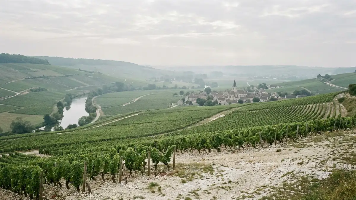 Cool green Chablis vineyard slopes rising from the Serein river valley under a soft, overcast northern-Burgundy sky
