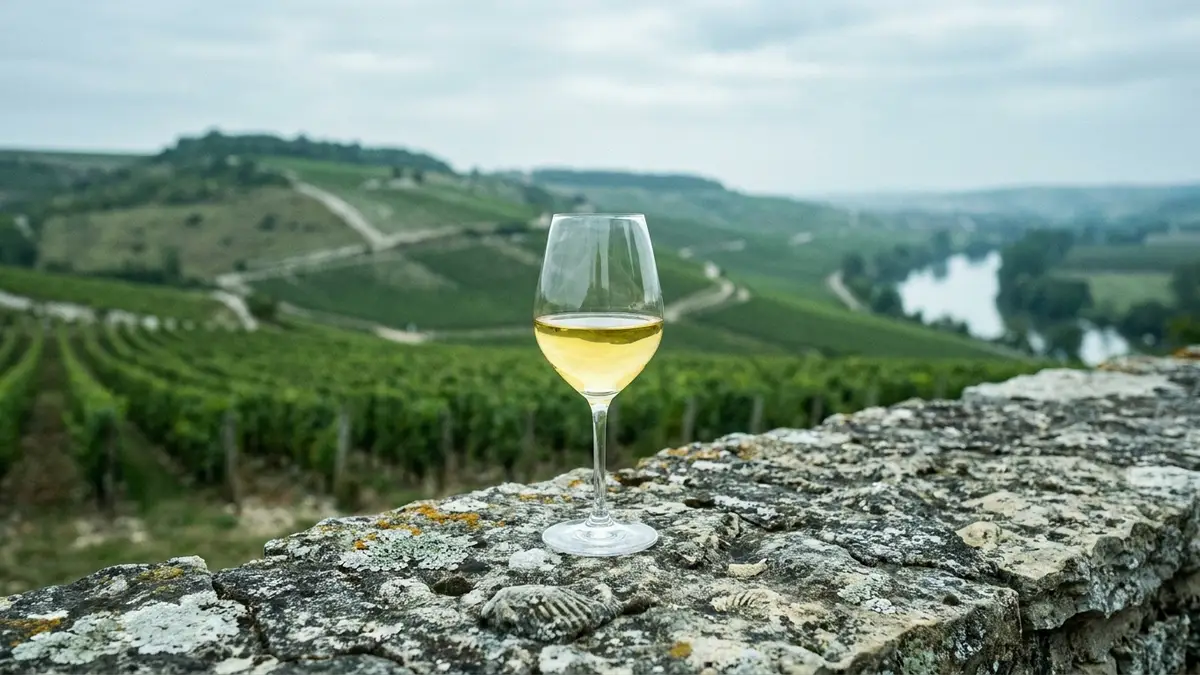 A glass of pale, lemon-gold Chablis beside cool green vineyard slopes under a soft northern-Burgundy sky
