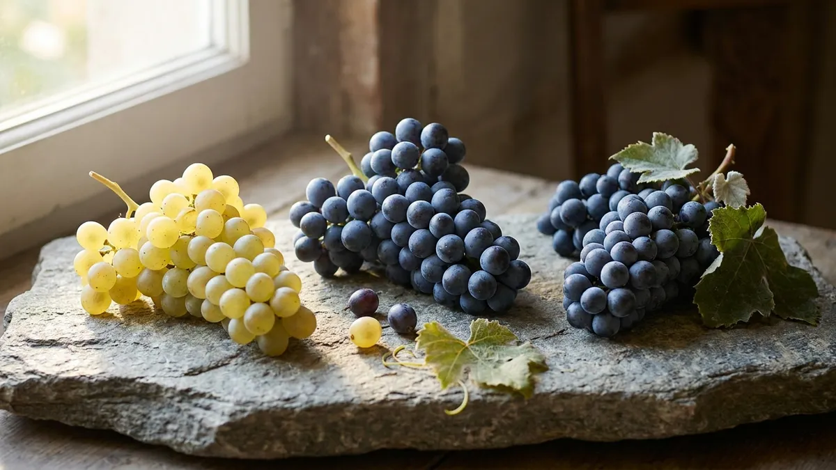 Three small piles of wine grapes side by side on a stone surface — pale green Chardonnay, deep purple Pinot Noir, and dusky blue Pinot Meunier — in warm natural light