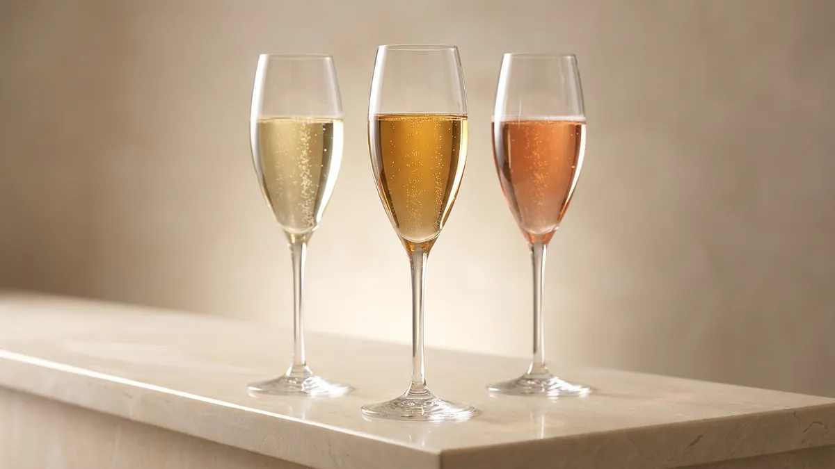 Three flutes of Champagne on a stone ledge in warm light — a pale-gold blanc de blancs, a deeper-gold blanc de noirs, and a salmon-pink rosé, fine bubbles rising