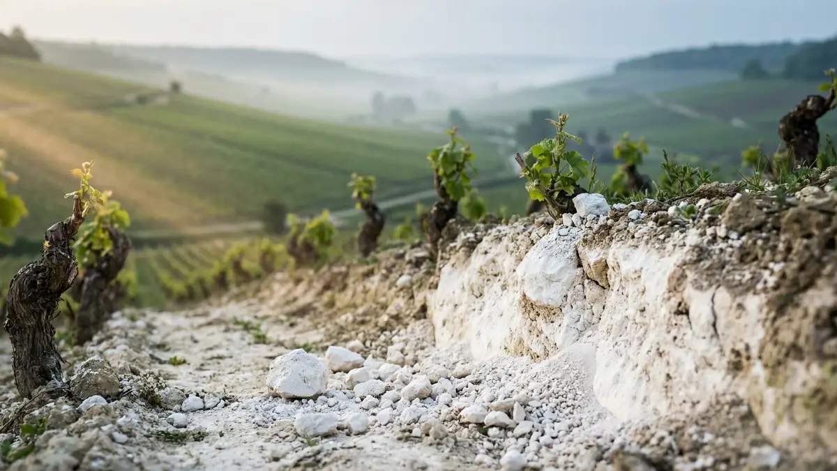 Wide view of Champagne vineyards on gentle chalk slopes northeast of Paris under soft morning light, rows of vines and a chalk outcrop visible in the foreground