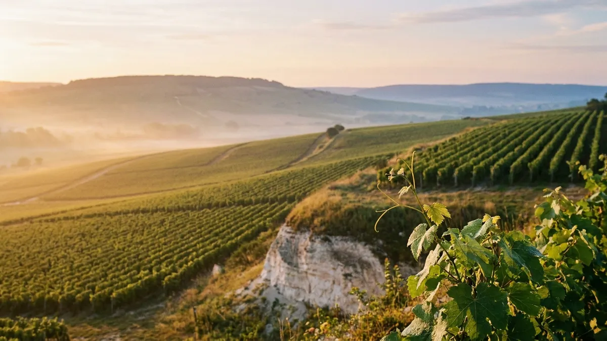 Rolling chalk-soil vineyard slopes of the Champagne region northeast of Paris in soft morning light, neat rows of vines climbing a gentle hillside
