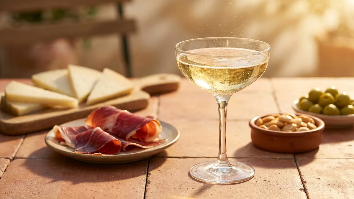 A coupe glass of pale golden Cava with fine rising bubbles on a terracotta table beside Spanish tapas: cured jamón, manchego wedges, marcona almonds, and green olives in warm Mediterranean light