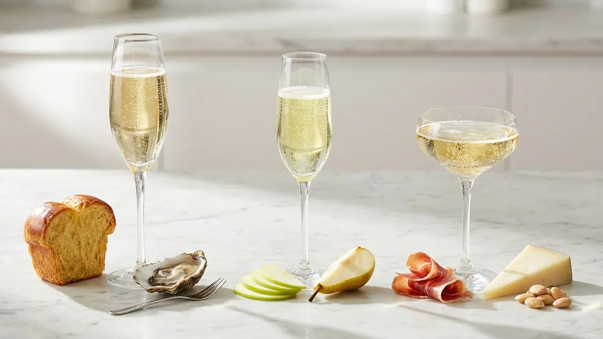 Three glasses of sparkling wine side by side, each with a regional cue: pale golden Champagne beside a brioche and oyster, fresh Prosecco beside green apple and pear, and Cava beside almonds and cured ham, on a bright marble surface