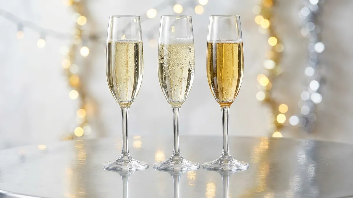 Three elegant sparkling wine flutes side by side showing different bubble sizes and golden hue variations