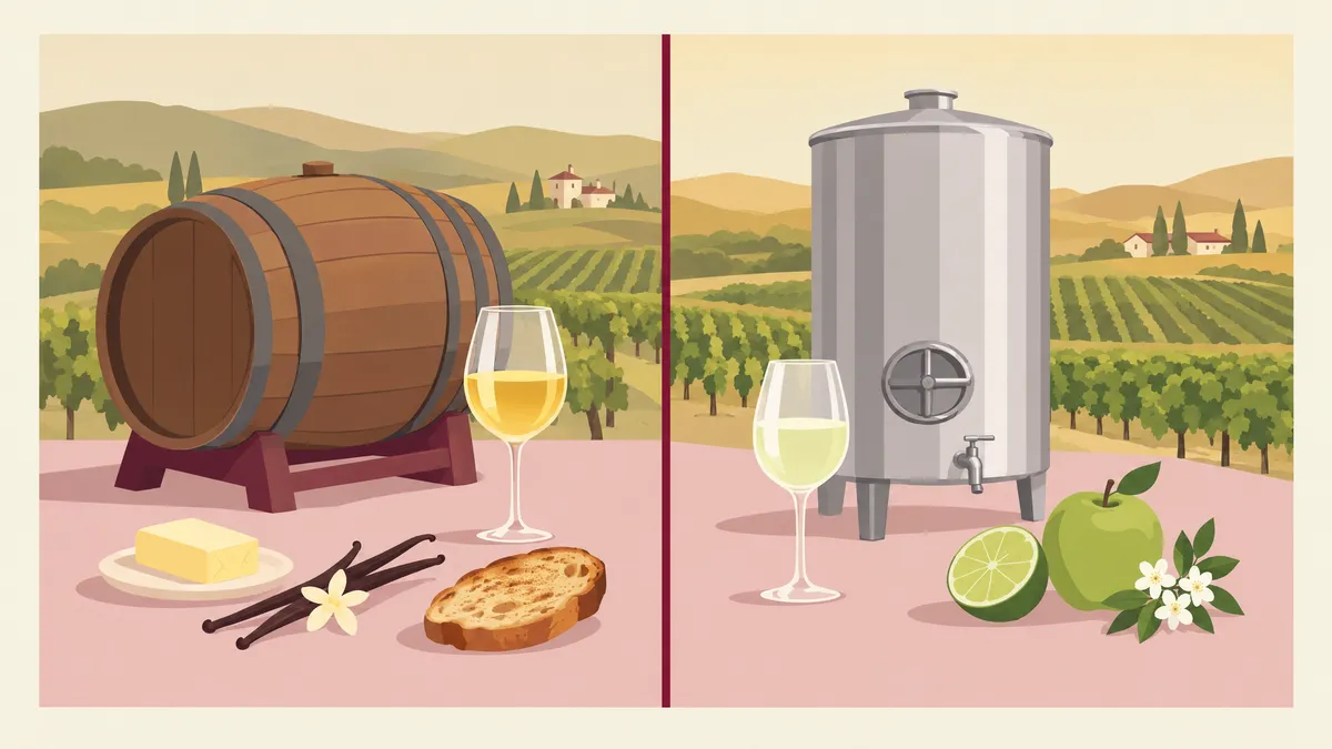 Side by side illustration of an oak barrel with a golden glass, butter, vanilla and toast, and a steel tank with a pale glass, lime, green apple and white flowers