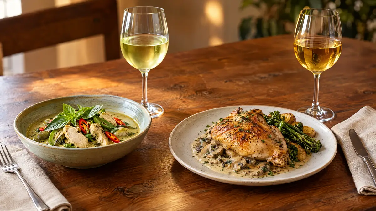 A bowl of Thai green curry with chilli beside a pale glass of Riesling, and roast chicken in cream sauce beside a golden glass of Chardonnay