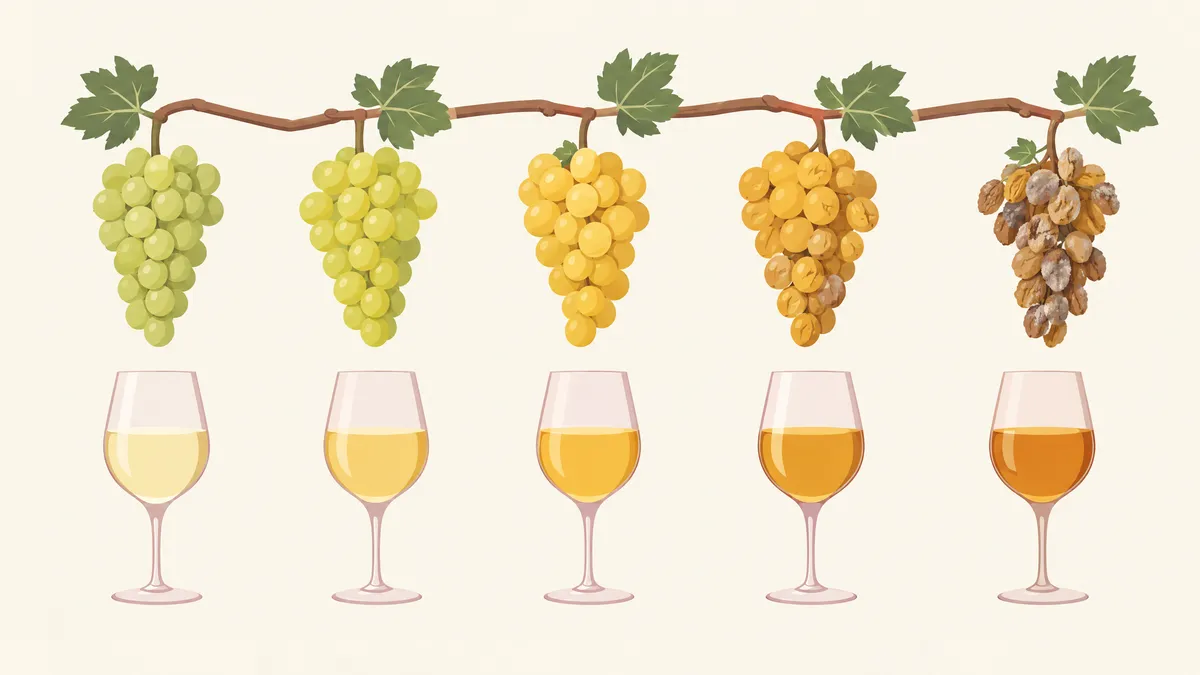 Illustration of white grape clusters in a row, from firm and pale to golden to shrivelled, each above a glass of wine that deepens from pale straw to amber