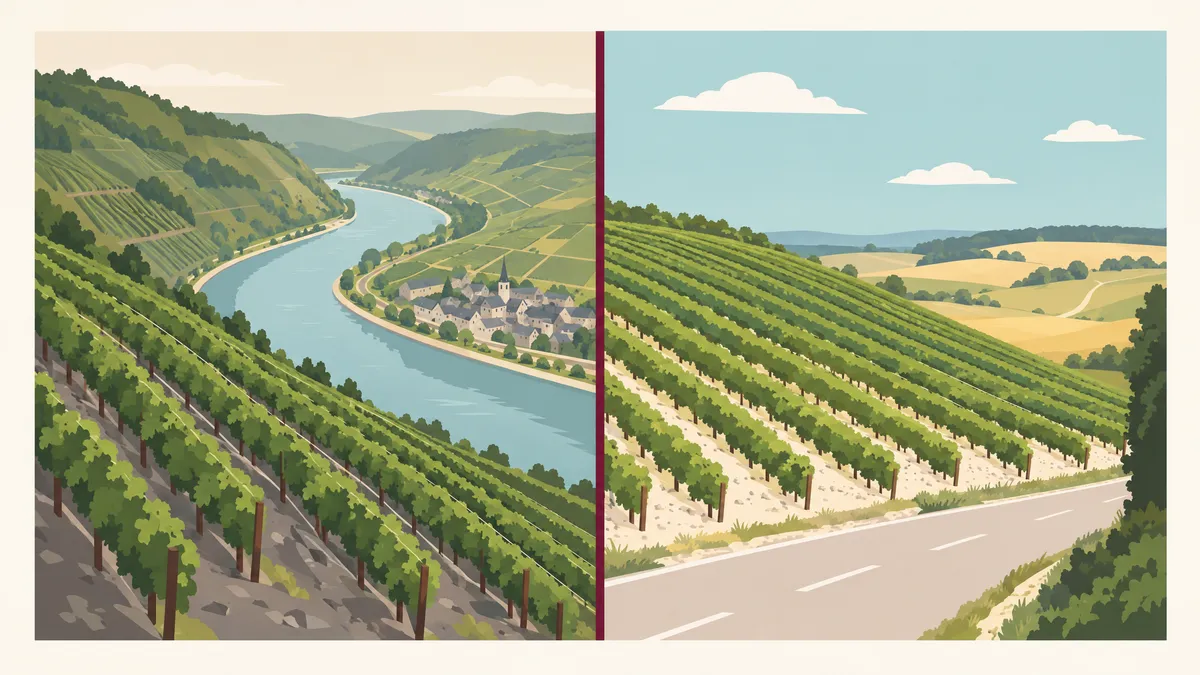Side by side illustration of a steep vineyard above a river bend with dark slate soil, and a gentle vineyard hillside on pale chalky soil