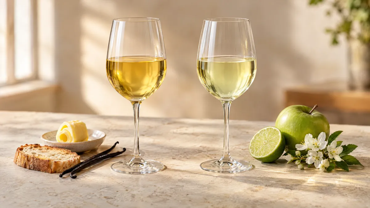 Two glasses of white wine side by side, a deeper golden Chardonnay beside butter and vanilla and a pale lemon-green Riesling beside lime and green apple