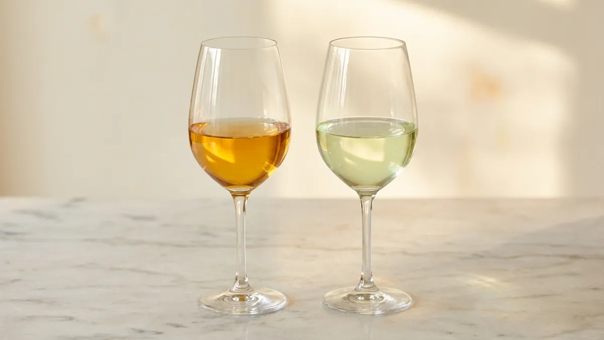 Two white wine glasses side by side — one containing deep golden oaked Chardonnay and the other pale lemon-green Sauvignon Blanc — with natural light between them