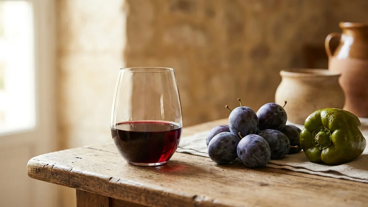 A glass of deep ruby Chilean Carmenère beside fresh plums and a green bell pepper on a rustic wooden table, soft natural light