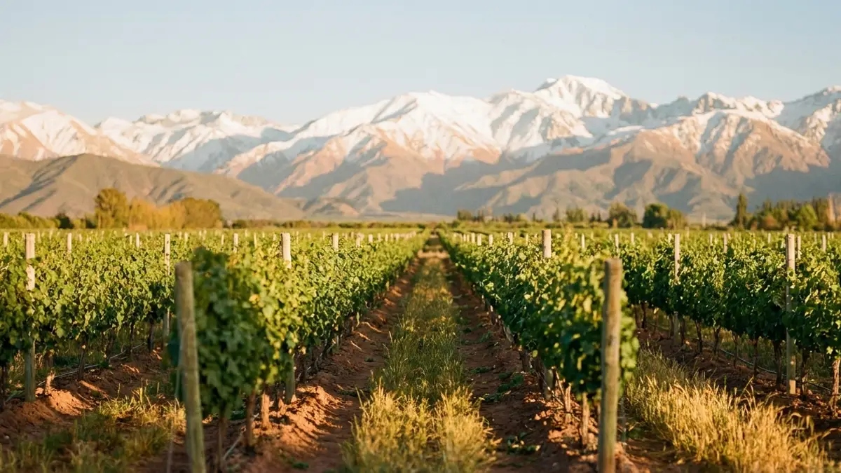 A wide Chilean valley with snow-capped Andes peaks rising behind orderly green vineyard rows under warm afternoon light
