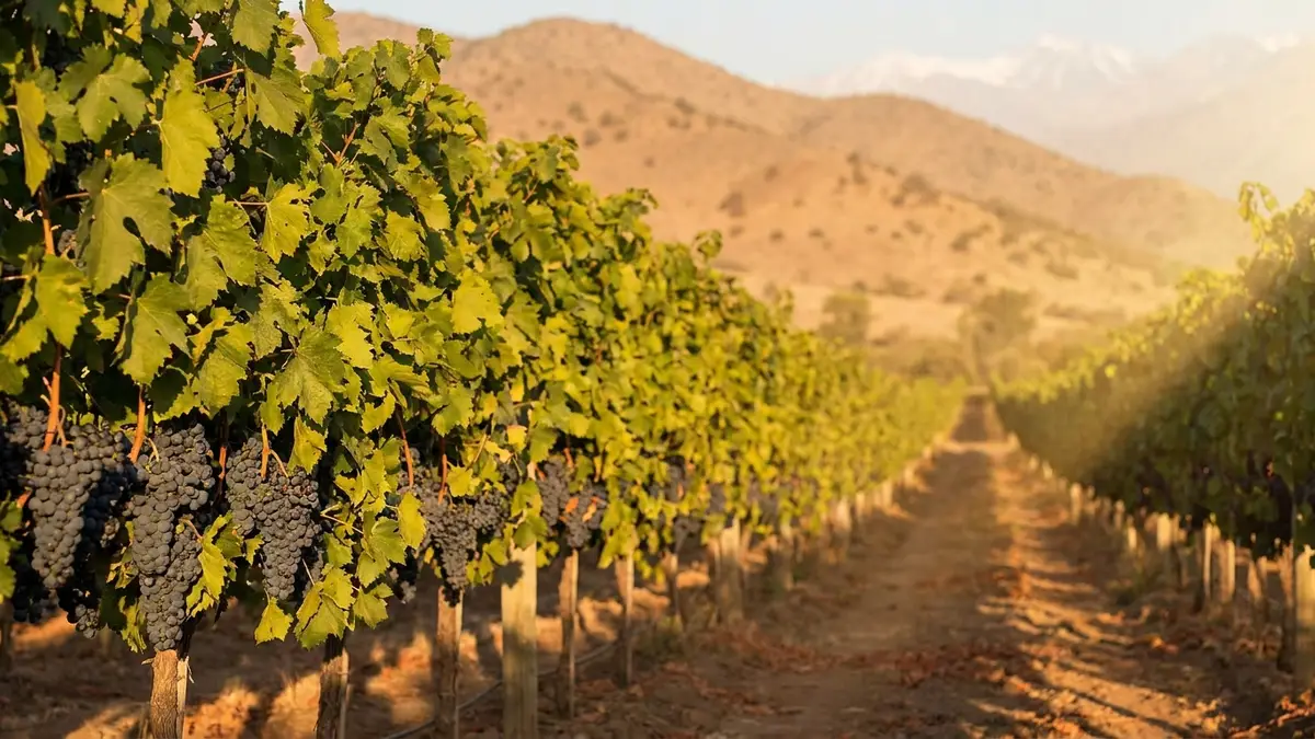 Rows of ripe Cabernet vines in a warm Colchagua valley with the Andes foothills behind, golden hour light over the leaves