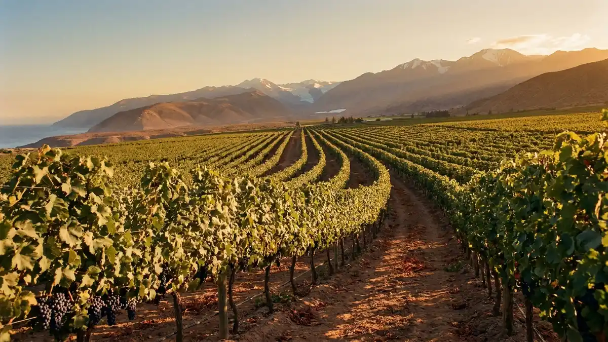 A long Chilean vineyard valley with snow-capped Andes peaks behind neat rows of vines, warm late-afternoon light