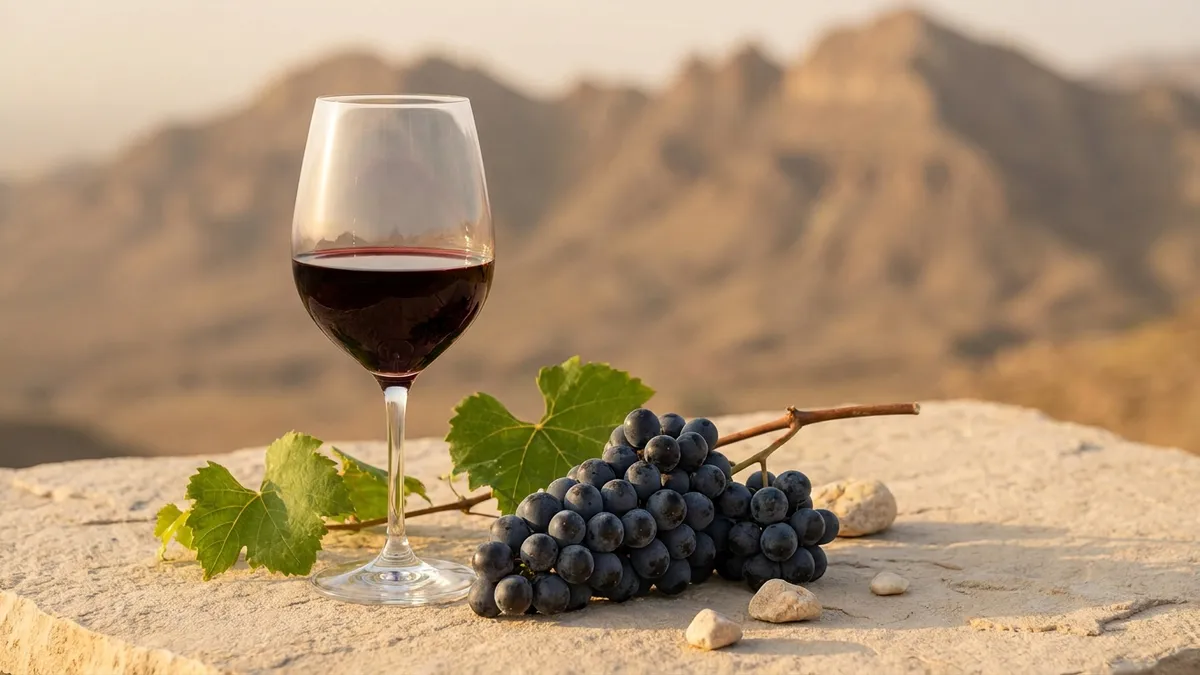 A glass of deep ruby Chinese Cabernet blend on a slab of pale desert stone, with a dark cluster of Marselan grapes and the jagged Helan Mountains faint on the horizon at dusk