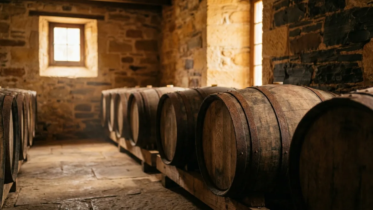 A rustic nineteenth-century stone cellar with rows of old wooden barrels lit by a small window
