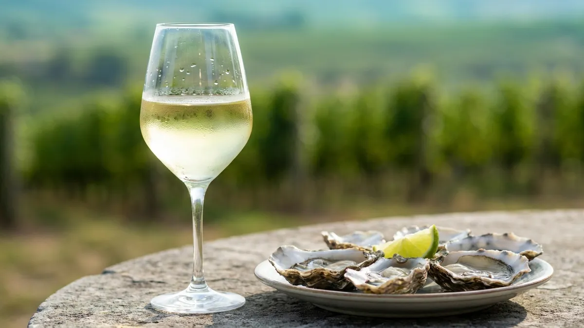 A glass of pale lime-gold riesling beaded with condensation on a weathered stone table beside a plate of oysters