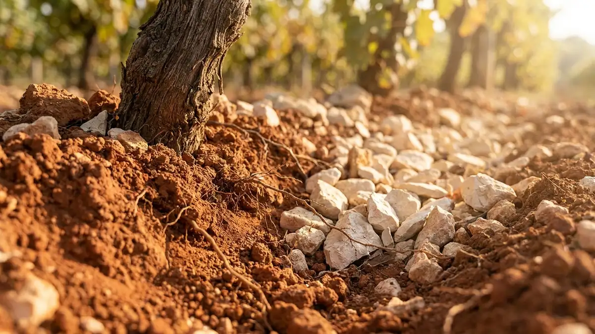 Close-up of red-brown terra rossa soil over pale limestone rock between vine rows in the Clare Valley