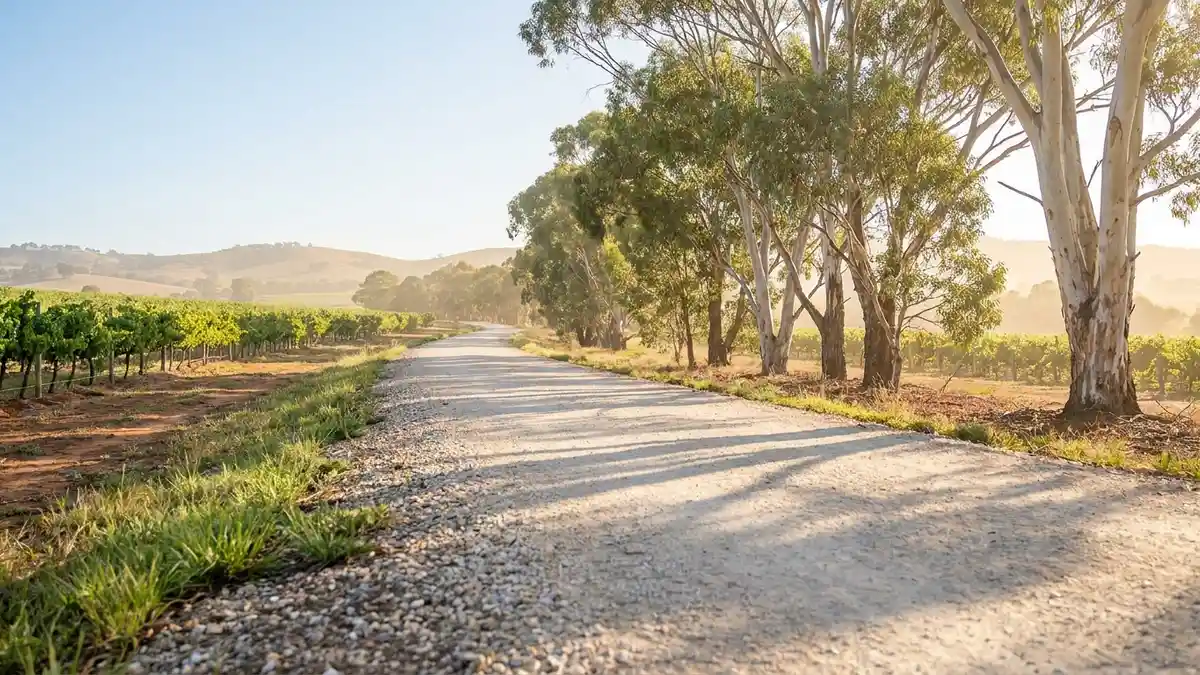 A gravel walking and cycling path running between vine rows and gum trees in the Clare Valley in soft morning light
