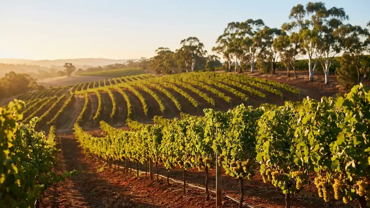 Rolling Clare Valley vineyard hills in South Australia at golden hour, green vine rows curving over red earth toward a line of gum trees