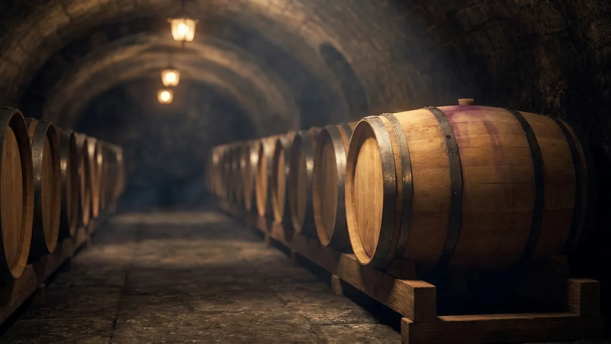 A dim barrel cellar with rows of oak barrels receding into warm shadow, no people