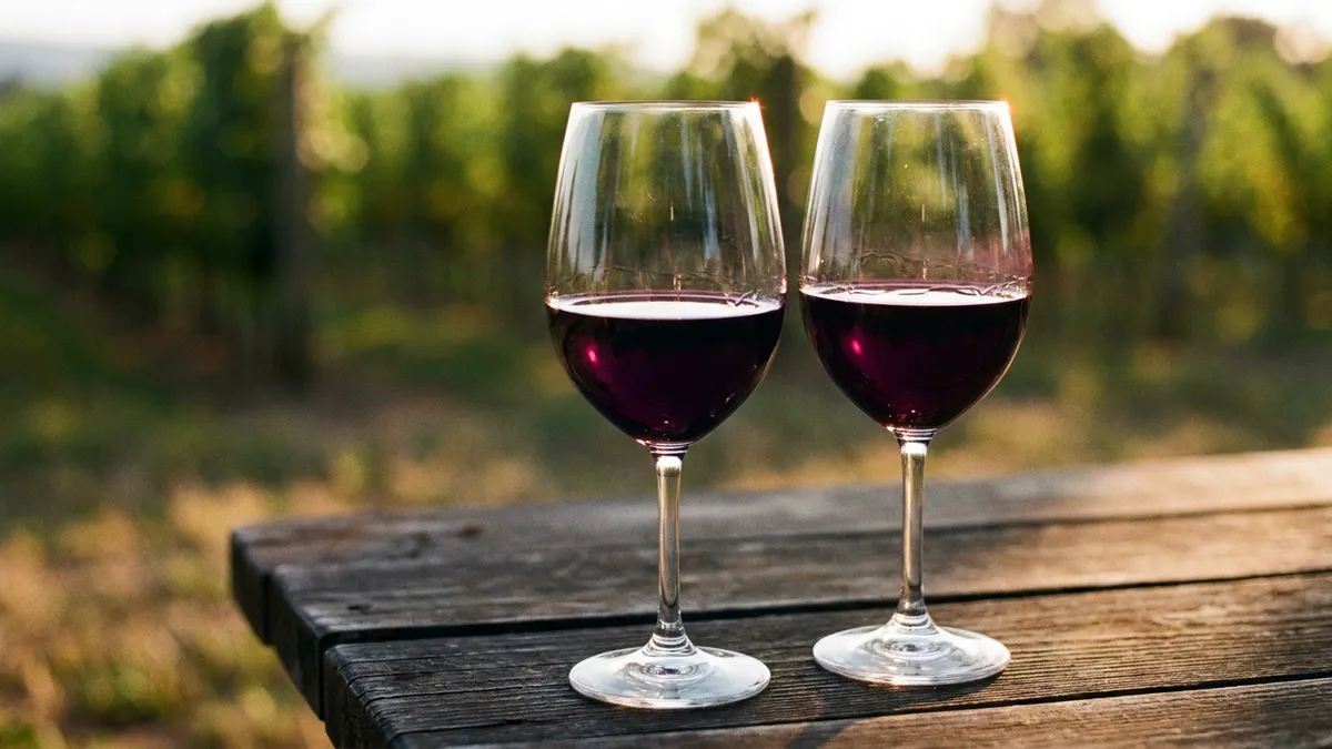 Two glasses of deep purple-garnet red wine on a rustic wooden table with blurred vineyard rows behind them