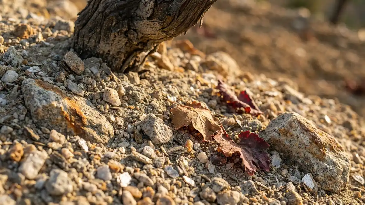 Close-up of coarse decomposed granite vineyard soil with a few fallen vine leaves in low warm light