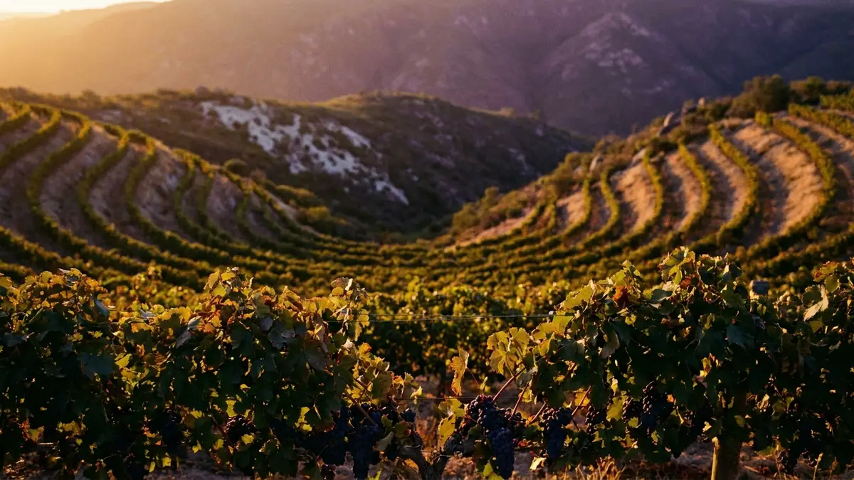 Rows of vines on a sunlit Colchagua hillside curving around a natural amphitheatre with mountains behind