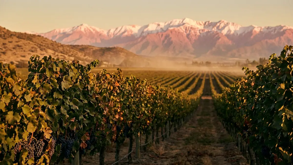 Rows of red-grape vines running across the Colchagua Valley floor toward the snow-capped Andes in warm late-afternoon light