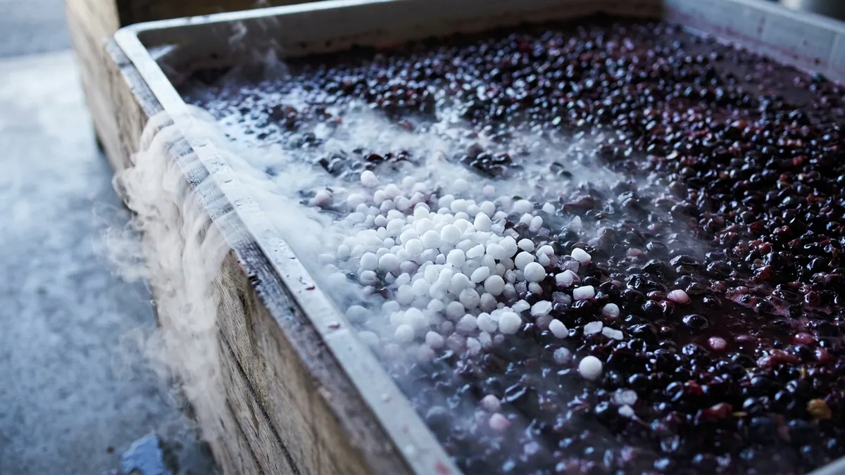 White dry ice pellets on a bin of crushed dark red grapes, cold vapour rolling over the glossy skins