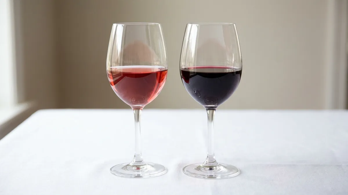 Two glasses of red wine on a white tablecloth, one pale translucent ruby and one deep, nearly opaque purple-red