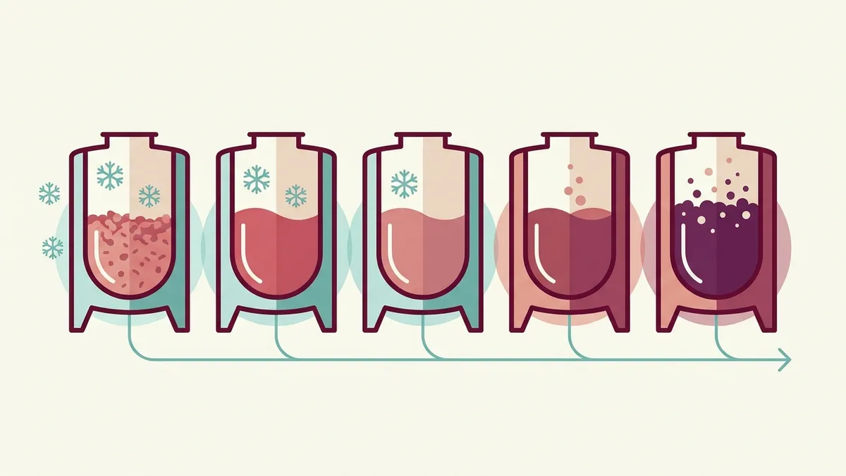 A row of five simple winery tanks of crushed red grapes, the juice deepening in colour from left to right as the cold soak gives way to fermentation