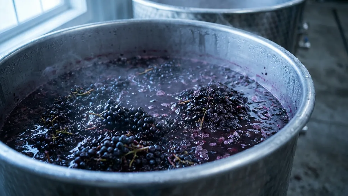 Freshly crushed dark red grapes in a frosted stainless steel tank, with cold vapour drifting over the surface before fermentation
