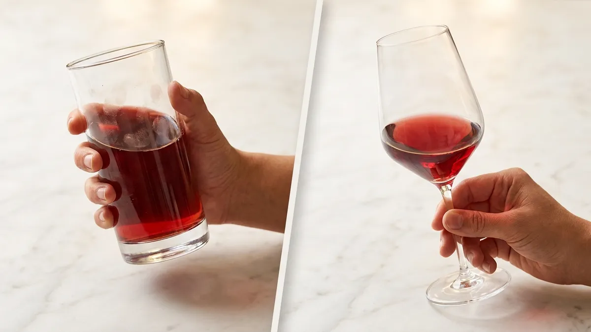 A wine glass held at the correct angle next to a second glass held incorrectly by the bowl, both on a light table