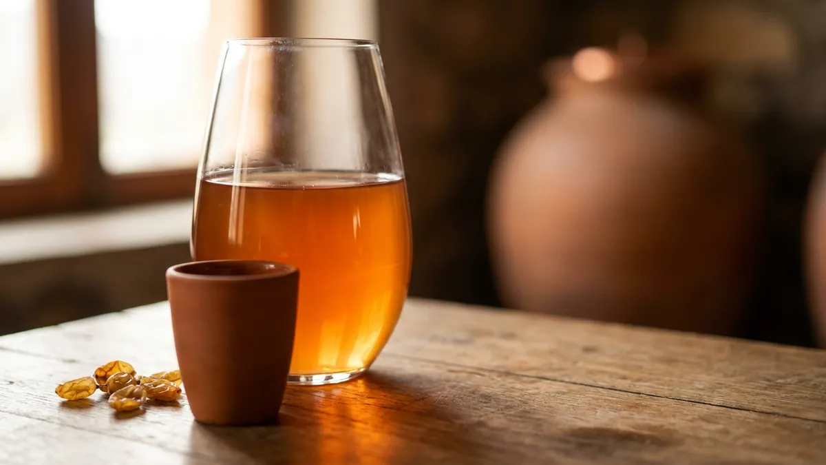 A glass of glowing amber skin-contact white wine on a rustic wooden table beside a few dried golden grapes and a small terracotta cup