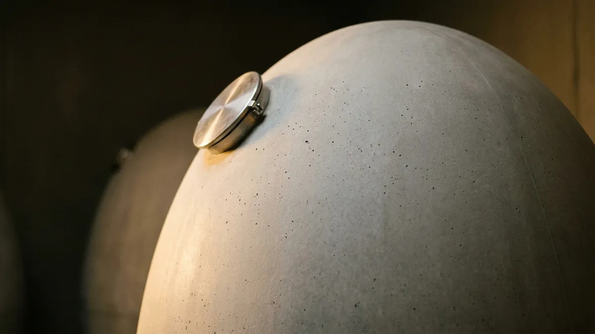 Close view of the smooth curved shoulder of a grey concrete egg fermenter in a dim cellar, warm light grazing its textured surface