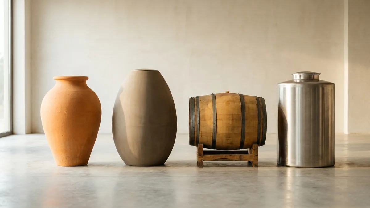 An amphora, a concrete egg, an oak barrel and a stainless steel tank lined up in a row in a bright winery hall