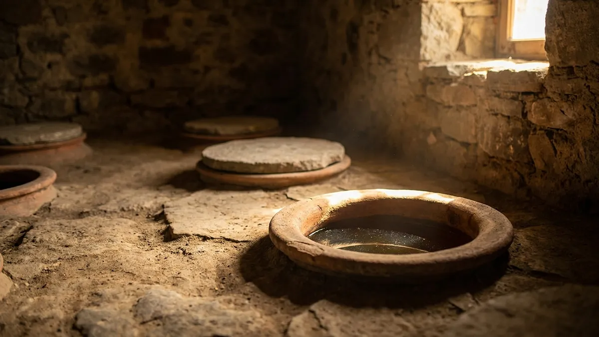 Round clay mouths of qvevri vessels buried in the earthen floor of a traditional Georgian cellar, lit by a shaft of daylight