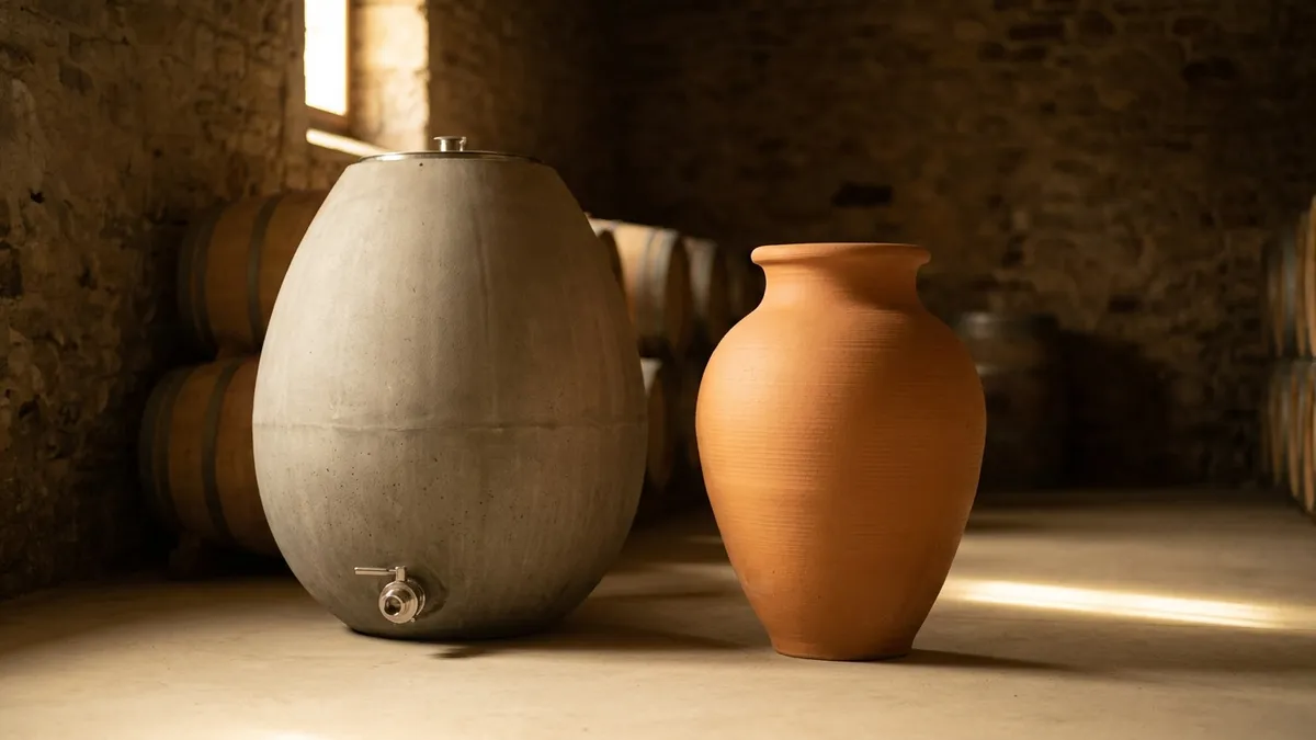 A smooth grey concrete egg fermenter and an unglazed terracotta amphora standing side by side in a softly lit stone cellar