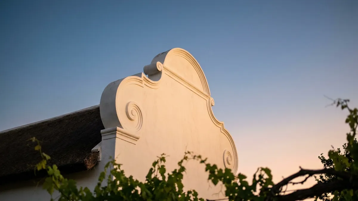 The curved white gable of an old Cape Dutch farmhouse against a dusk sky, framed by vines