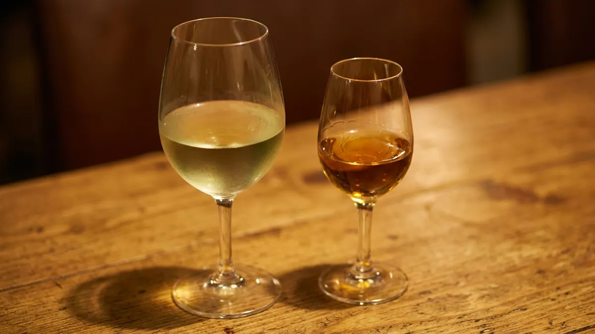 A chilled glass of pale straw white wine beside a small glass of amber sweet wine on a wooden table