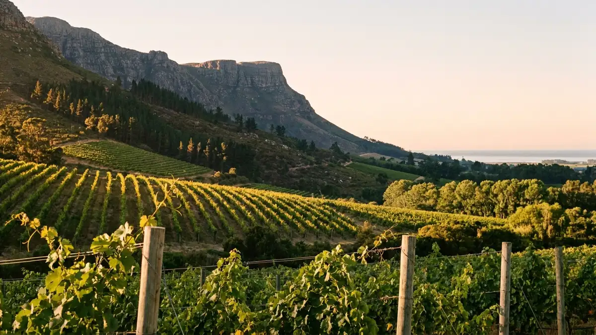 Green vineyard rows climbing the lower slopes of a rugged mountain in morning light, with a thin strip of sea on the far horizon